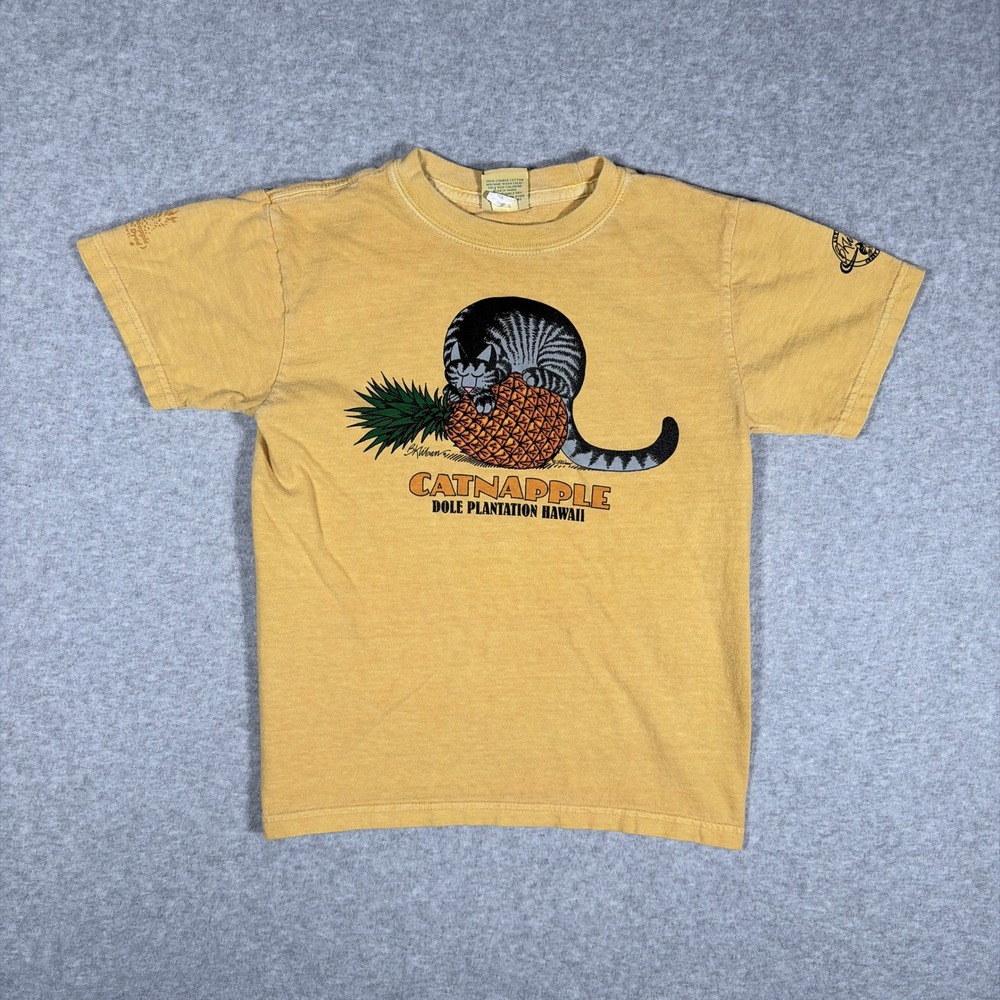 Kliban Cat Crazy Shirts Catnapple Dole Plantation Hawaii Shirt Kid Medium Yellow